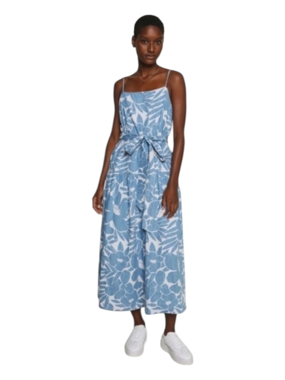 Floral Chambray Maxi Dress Tank Straps Tie Waist. Gap Petite Medium. NWT